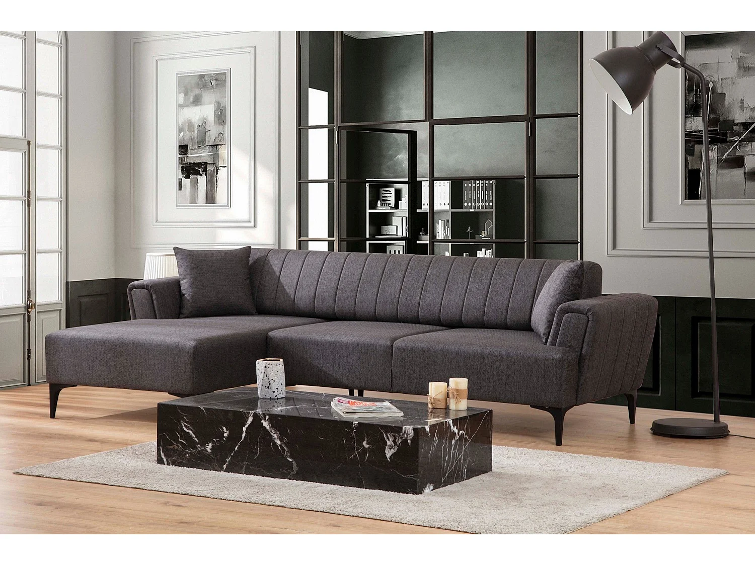 Canapé d'angle à gauche convertible Devinos Tissu Gris foncé