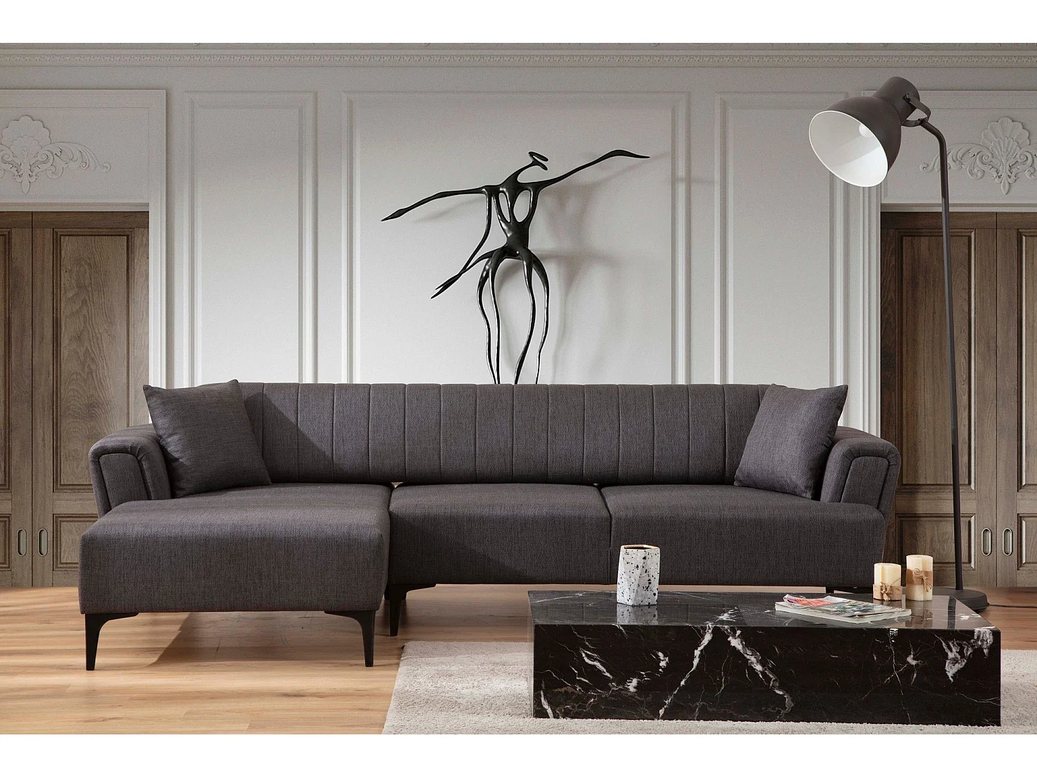 Canapé d'angle à gauche convertible Devinos Tissu Gris foncé