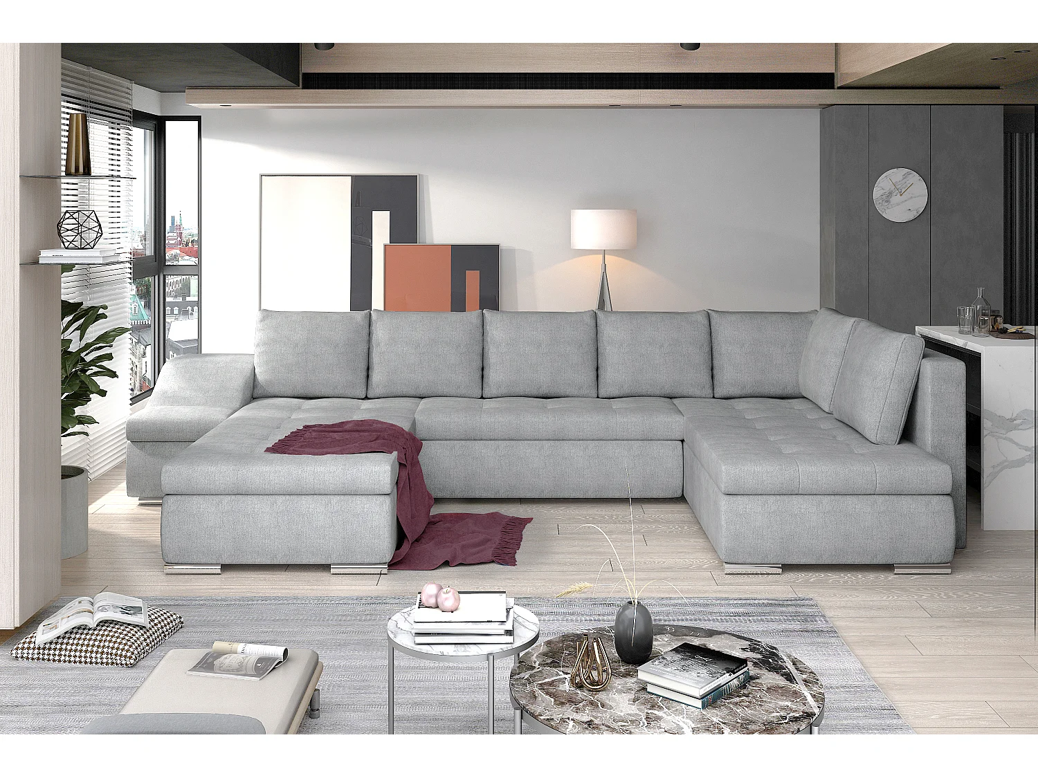 Canapé panoramique convertible tissu gris clair Jonaz 340cm-Méridienne A gauche