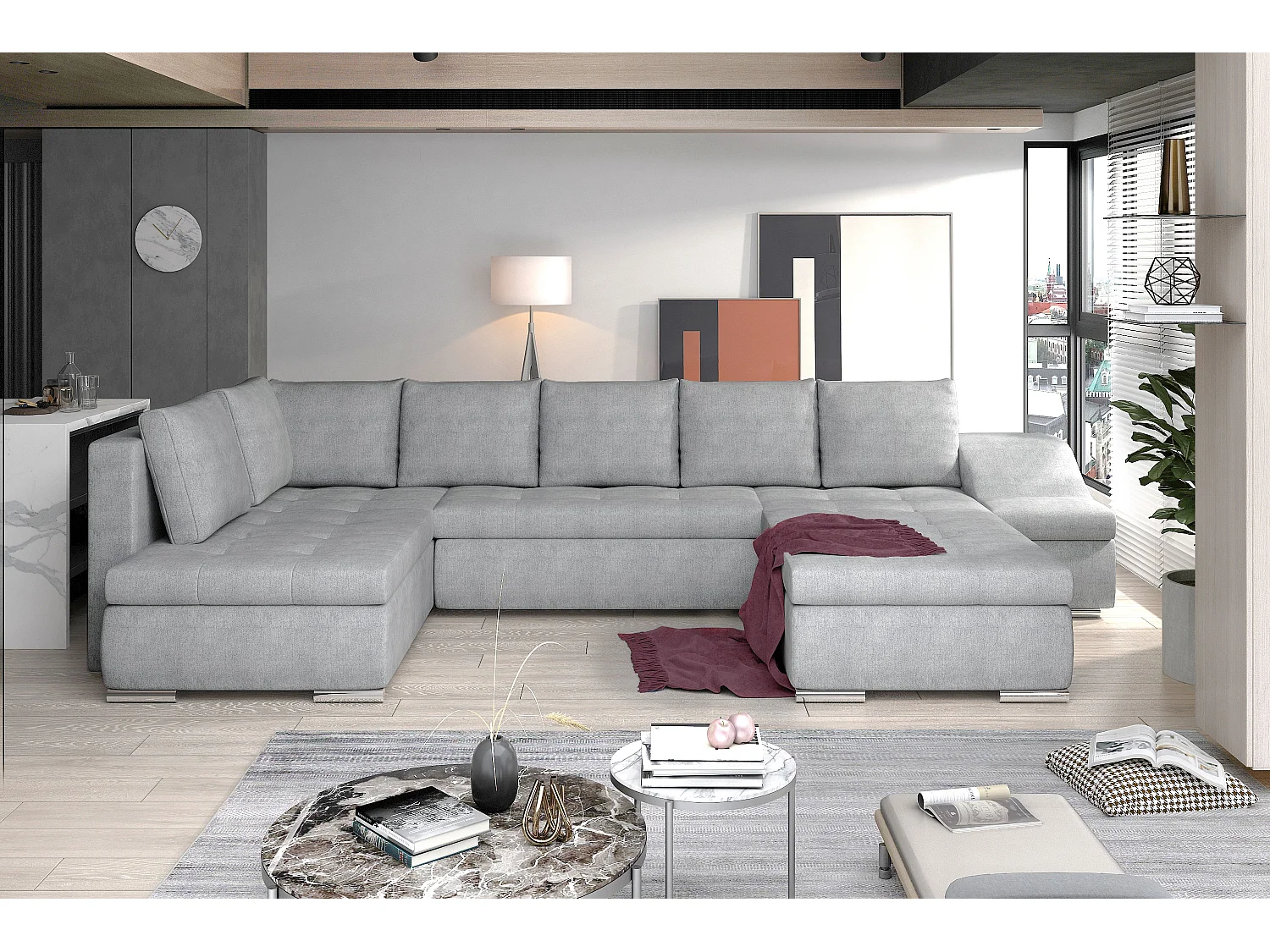 Canapé panoramique convertible tissu gris clair Jonaz 340cm-Méridienne A gauche