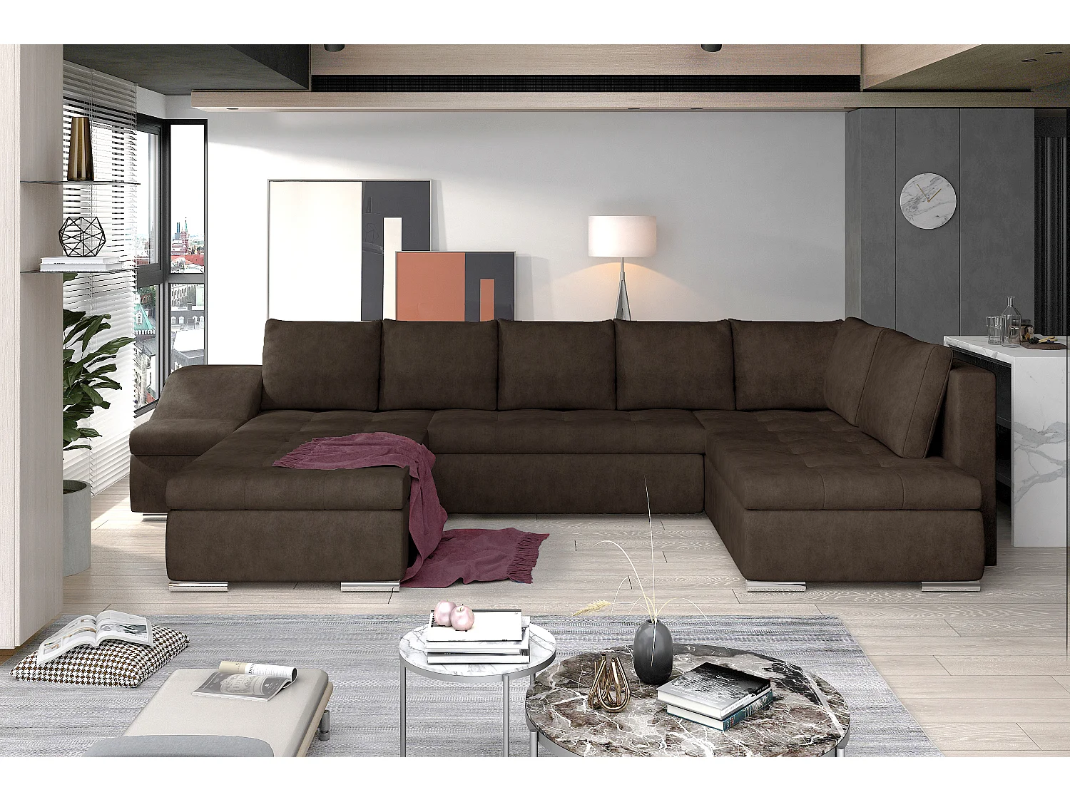 Canapé panoramique convertible tissu marron Jonaz 340cm-Méridienne A gauche