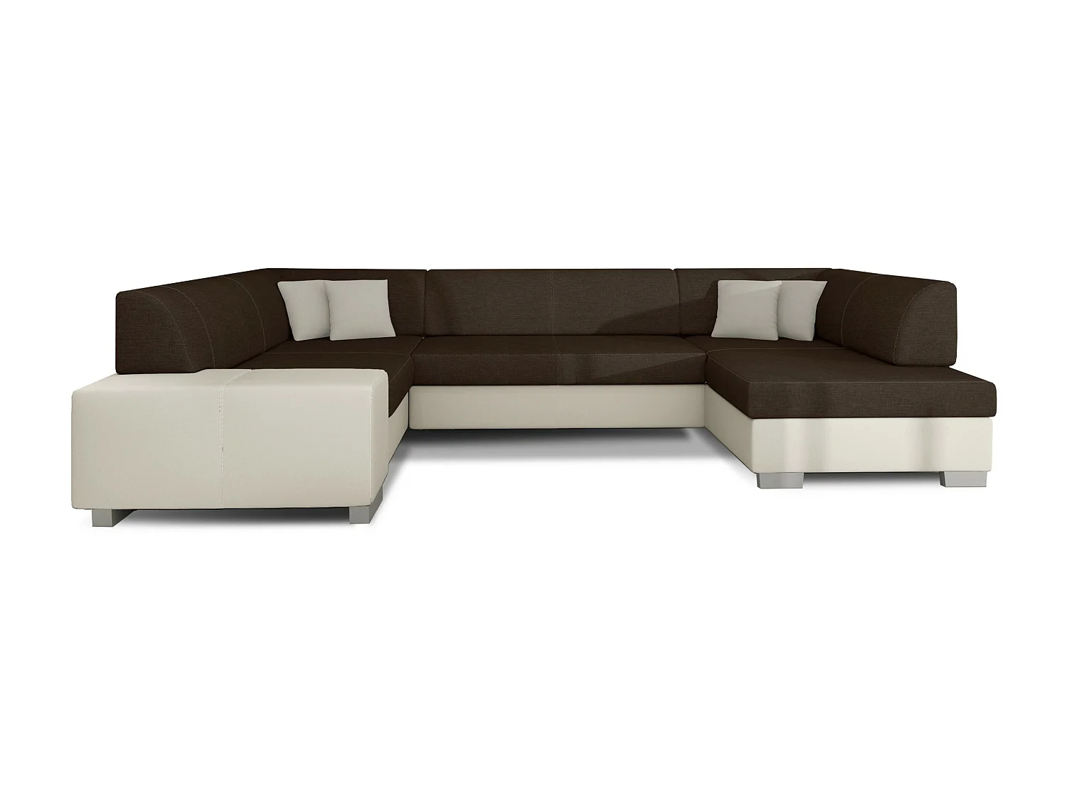 Canapé convertible panoramique bi matières tissu marron et simili cuir beige avec coffre de rangement Houston 320cm-Coffre de rangement à droite