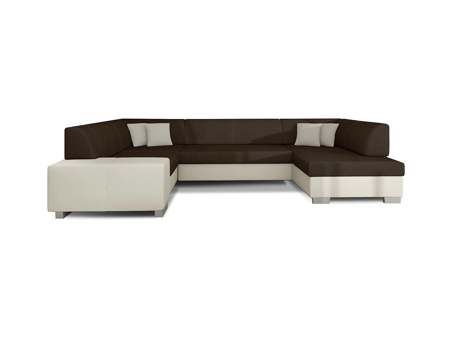 Canapé convertible panoramique bi matières tissu marron et simili cuir beige avec coffre de rangement Houston 320cm-Coffre de rangement à droite