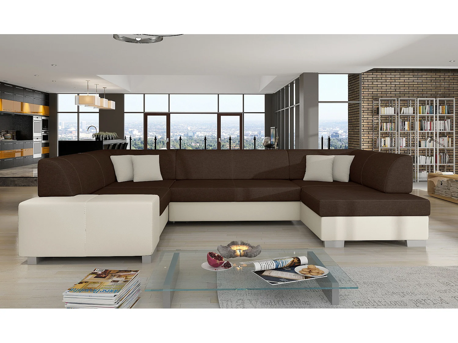 Canapé convertible panoramique bi matières tissu marron et simili cuir beige avec coffre de rangement Houston 320cm-Coffre de rangement à droite