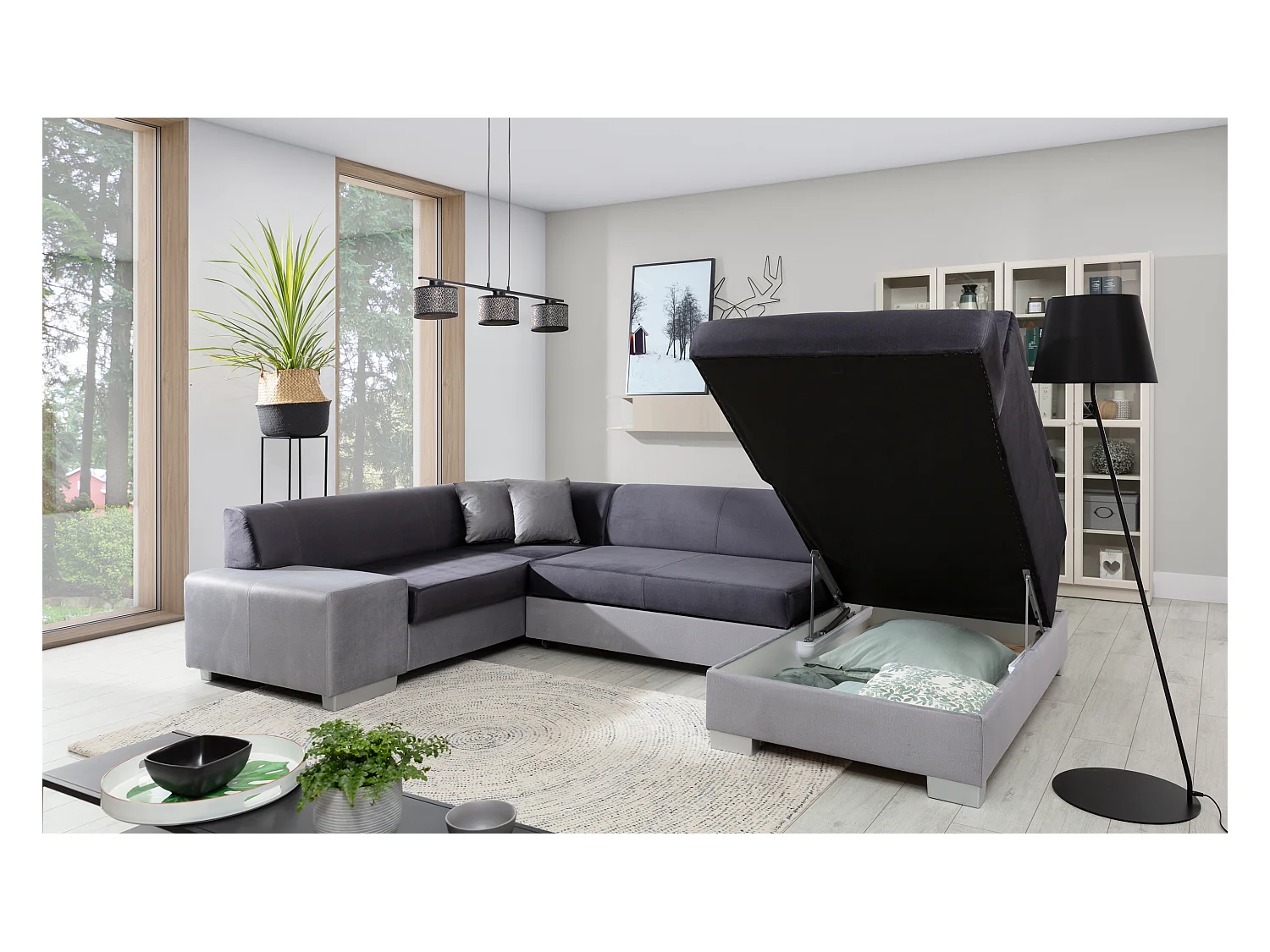 Canapé convertible panoramique bi matières tissu marron et simili cuir beige avec coffre de rangement Houston 320cm-Coffre de rangement à droite