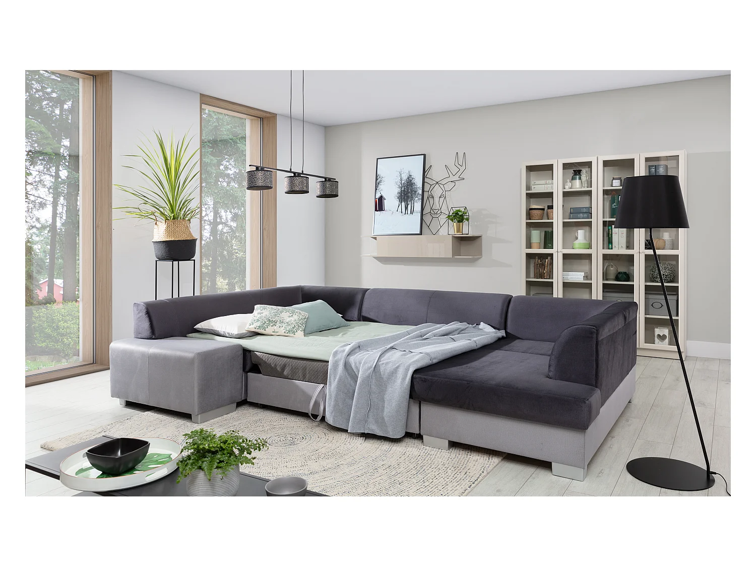 Canapé convertible panoramique bi matières tissu marron et simili cuir beige avec coffre de rangement Houston 320cm-Coffre de rangement à droite