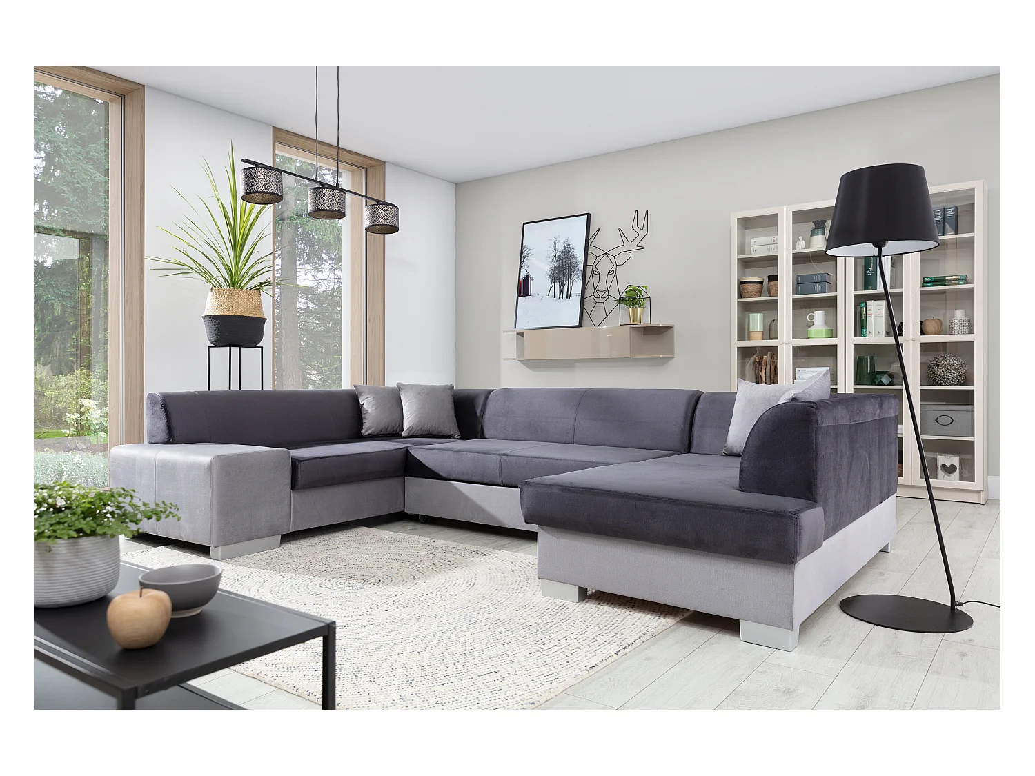 Canapé convertible panoramique bi matières tissu marron et simili cuir beige avec coffre de rangement Houston 320cm-Coffre de rangement à droite