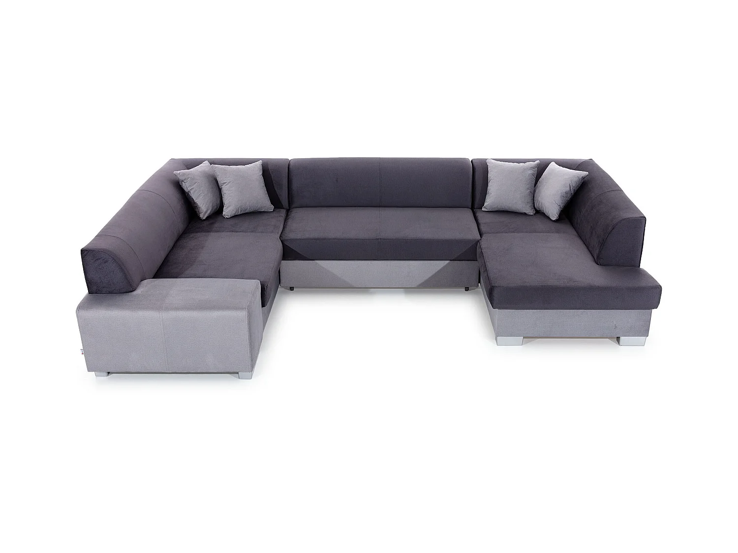 Canapé convertible panoramique bi matières tissu marron et simili cuir beige avec coffre de rangement Houston 320cm-Coffre de rangement à droite