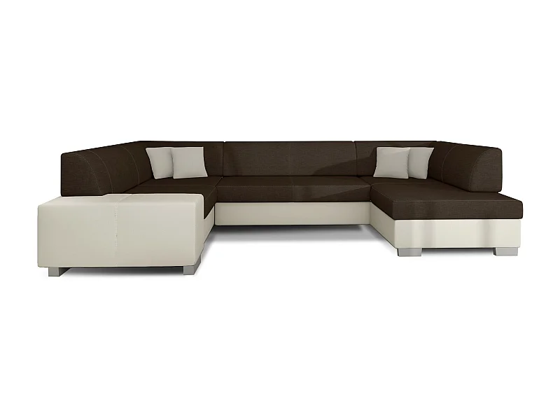 Canapé convertible panoramique bi matières tissu marron et simili cuir beige avec coffre de rangement Houston 320cm-Coffre de rangement à droite