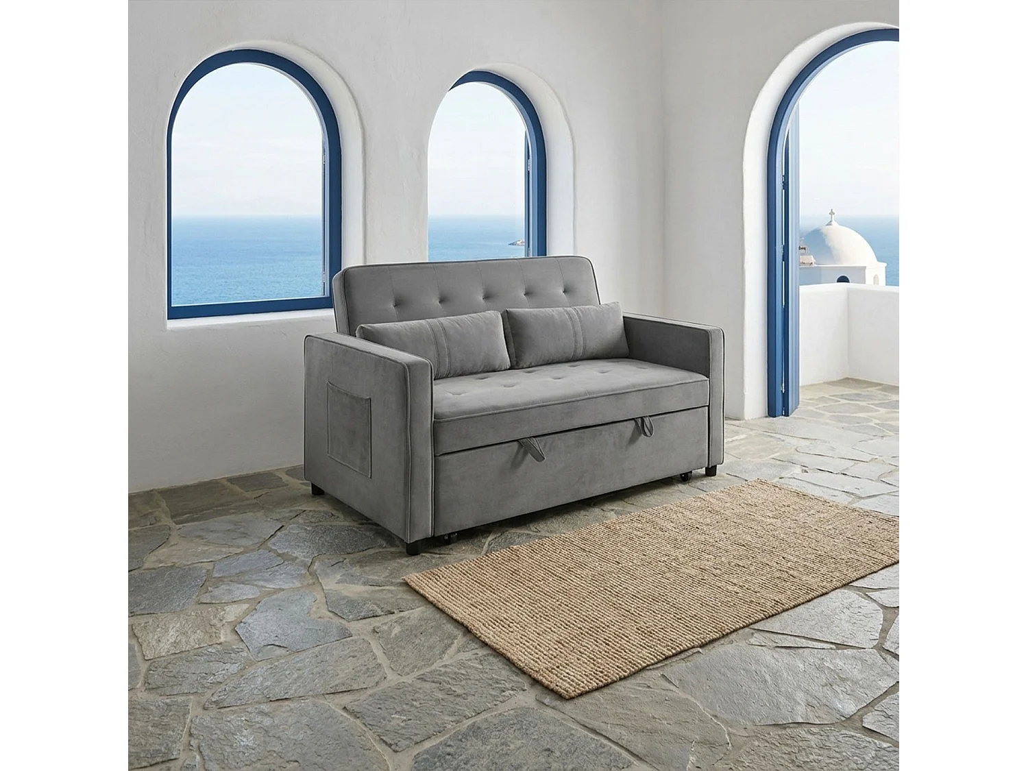 Canapé convertible 2 places Komaria Velours Gris