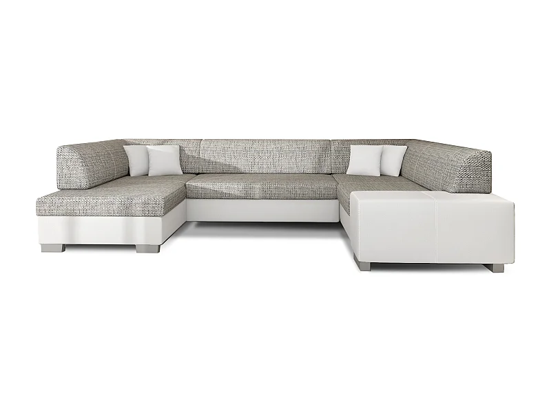 Canapé convertible panoramique bi matières tissu gris clair chiné et simili cuir blanc avec coffre de rangement Houston 320cm-Coffre de rangement à gauche