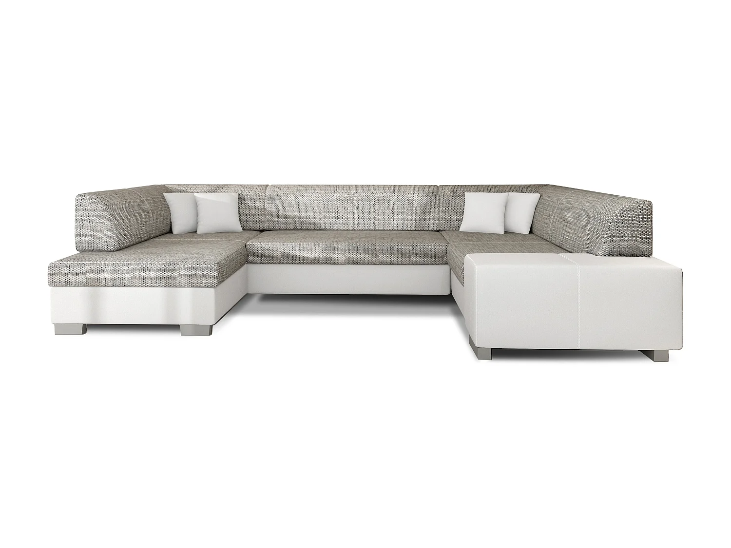 Canapé convertible panoramique bi matières tissu gris clair chiné et simili cuir blanc avec coffre de rangement Houston 320cm-Coffre de rangement à gauche