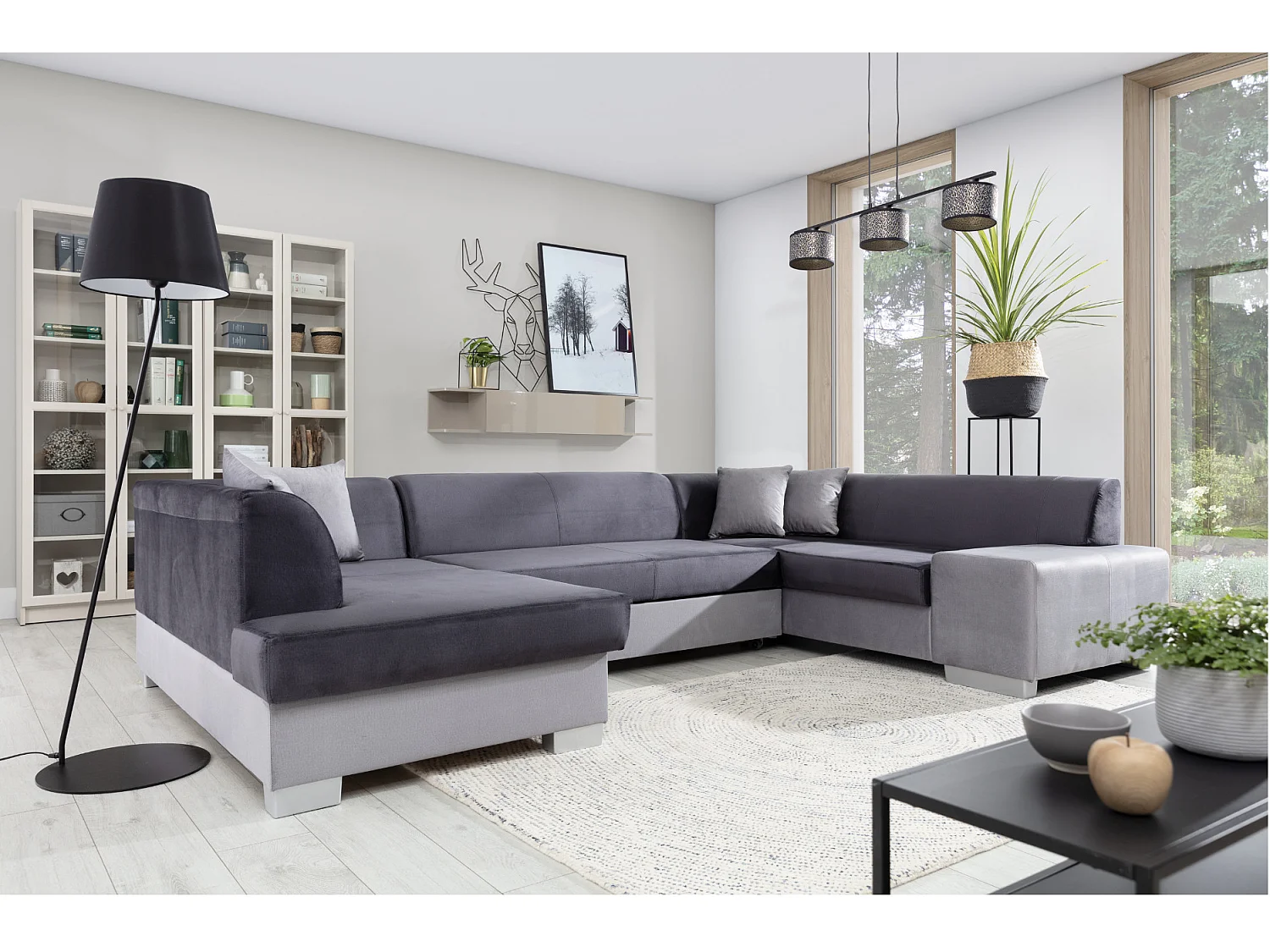 Canapé convertible panoramique bi matières tissu gris clair chiné et simili cuir blanc avec coffre de rangement Houston 320cm-Coffre de rangement à gauche