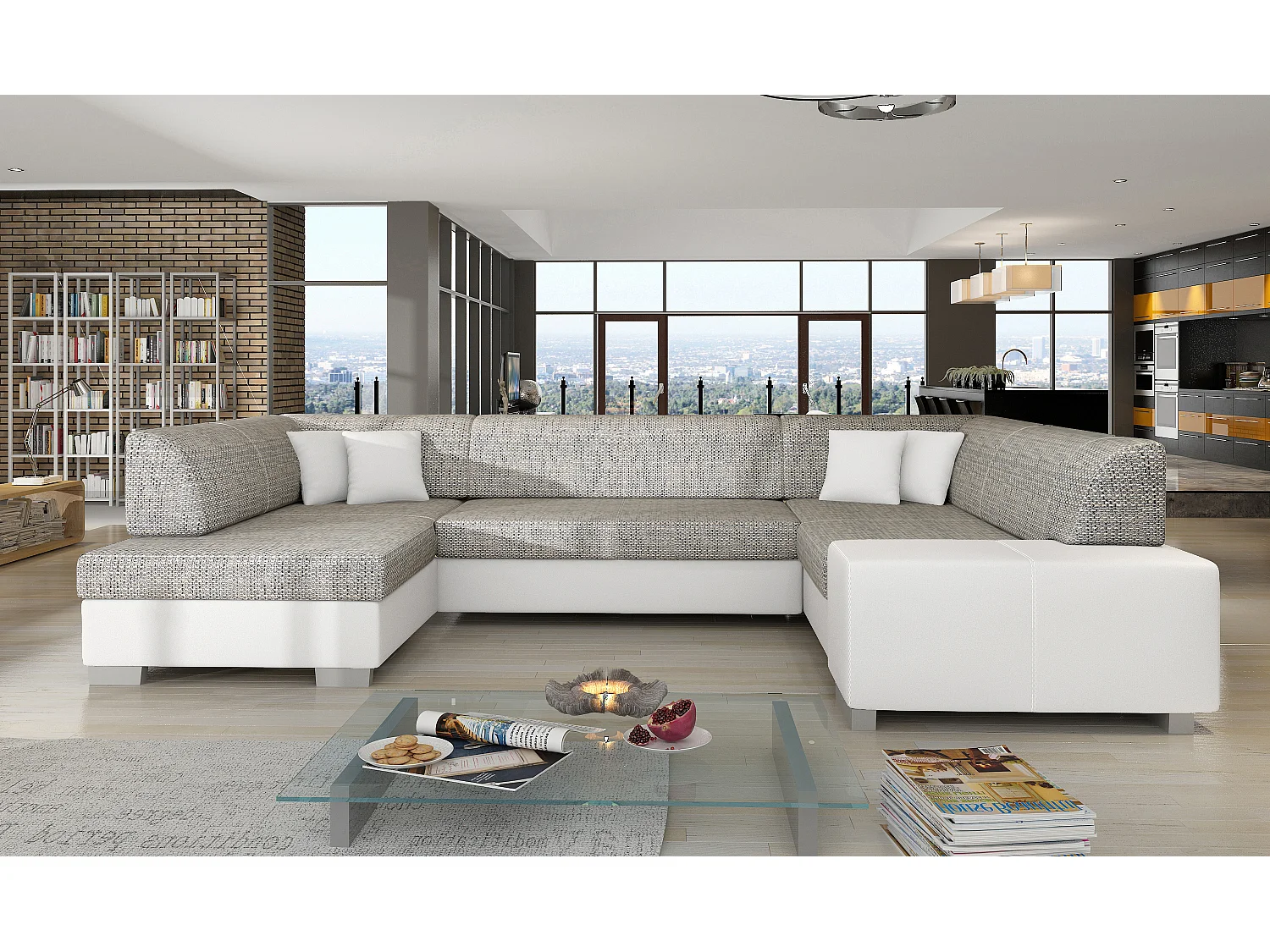 Canapé convertible panoramique bi matières tissu gris clair chiné et simili cuir blanc avec coffre de rangement Houston 320cm-Coffre de rangement à gauche