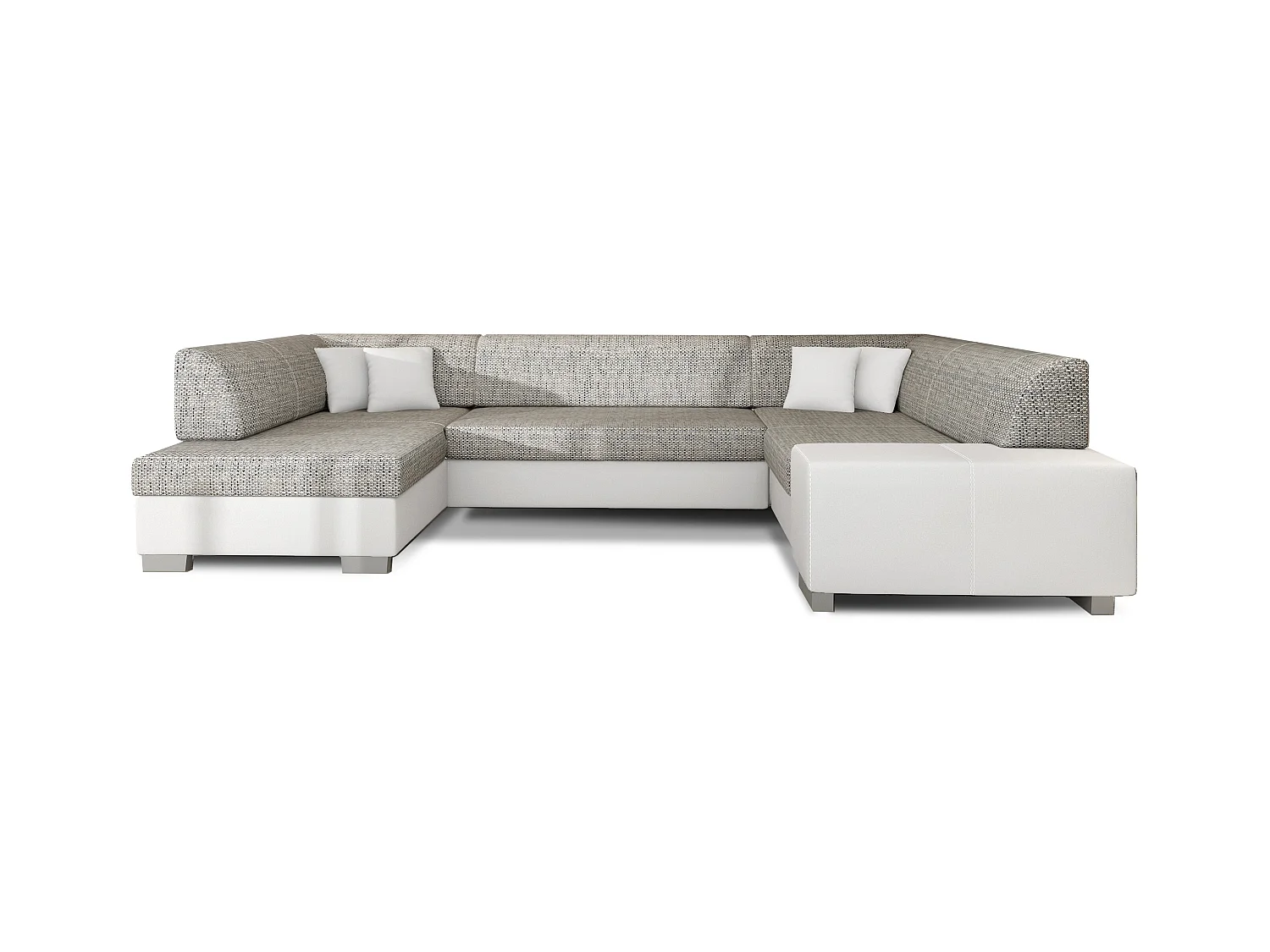 Canapé convertible panoramique bi matières tissu gris clair chiné et simili cuir blanc avec coffre de rangement Houston 320cm-Coffre de rangement à gauche