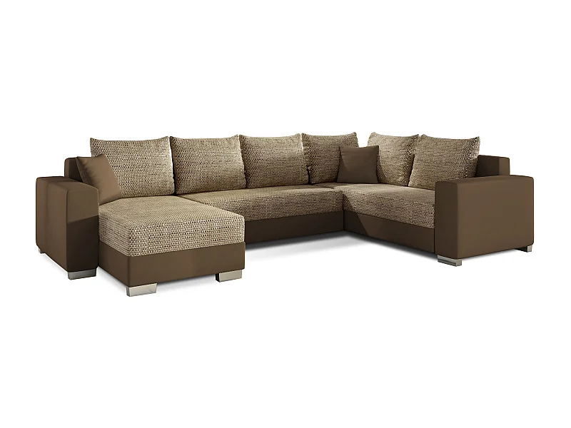 Canapé U convertible tissu beige chiné et simili marron clair coffre de rangement à gauche Marry 321cm