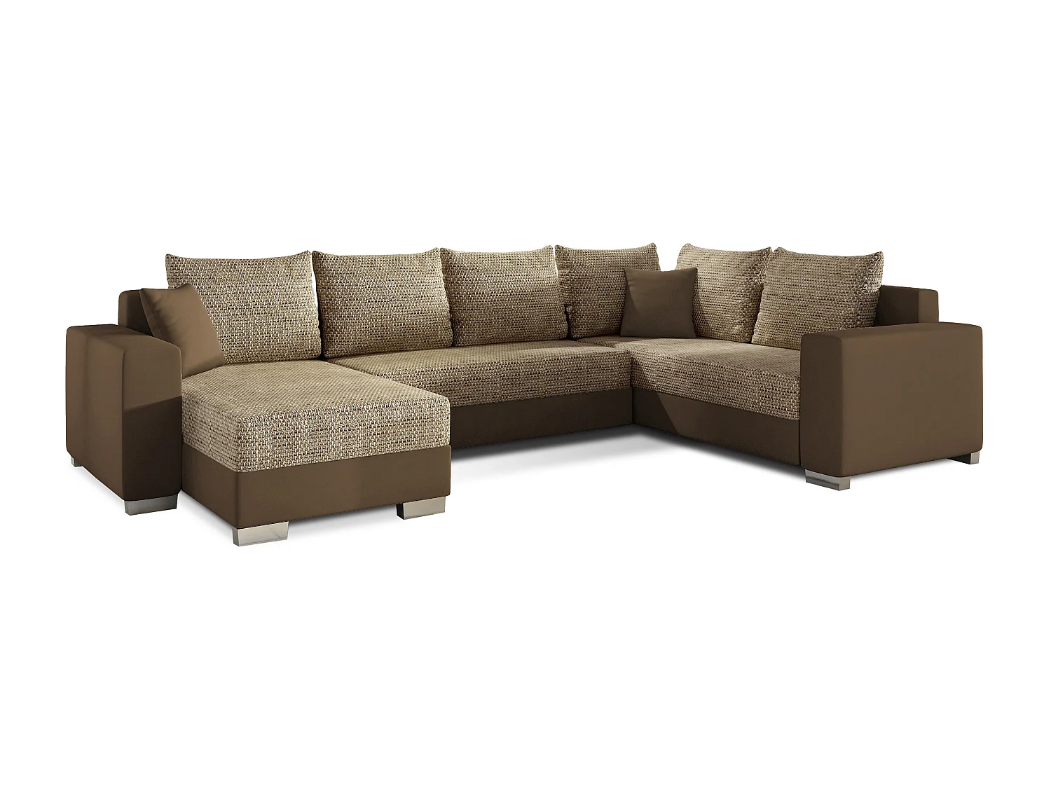 Canapé U convertible tissu beige chiné et simili marron clair coffre de rangement à gauche Marry 321cm