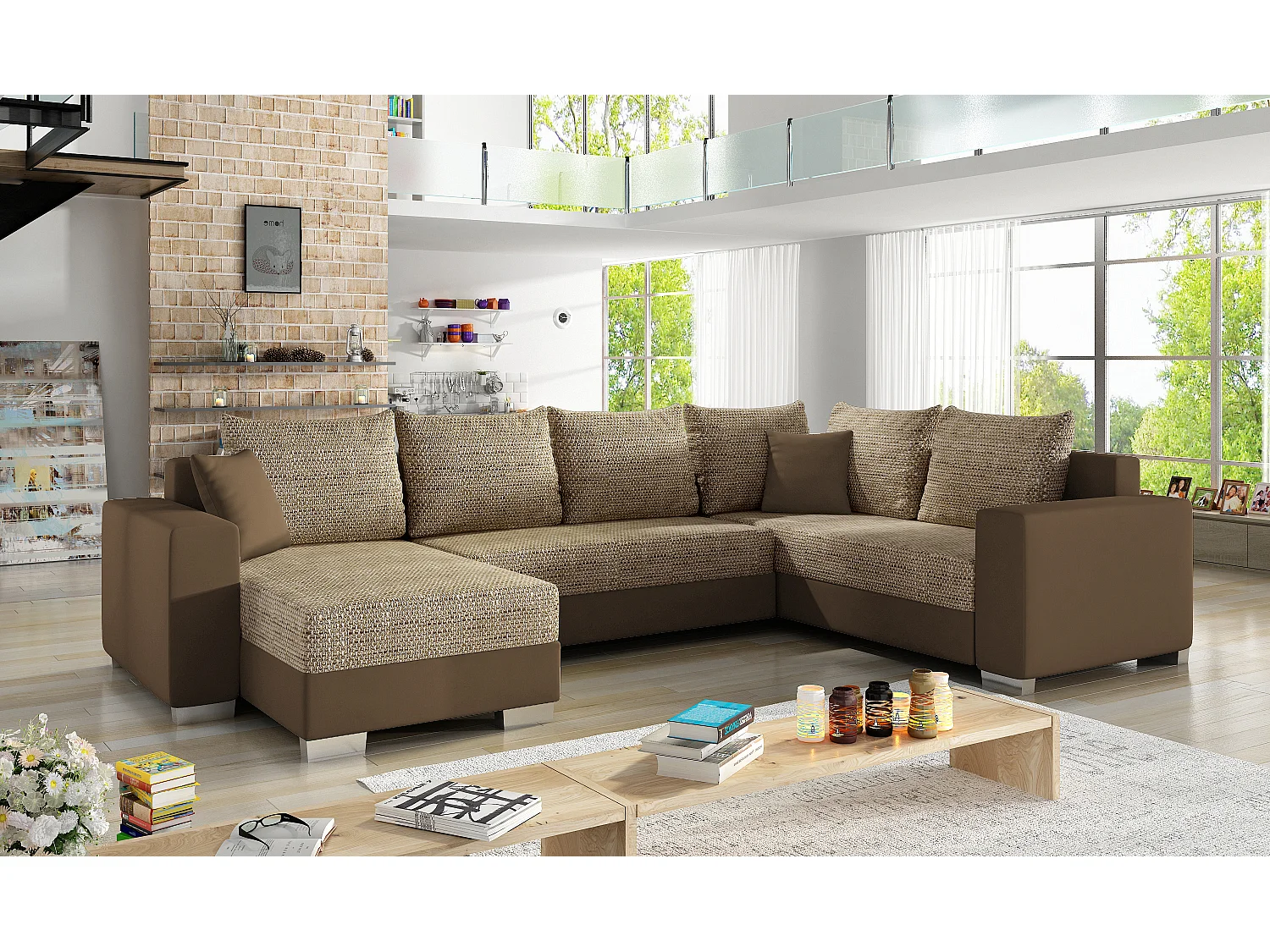 Canapé U convertible tissu beige chiné et simili marron clair coffre de rangement à gauche Marry 321cm