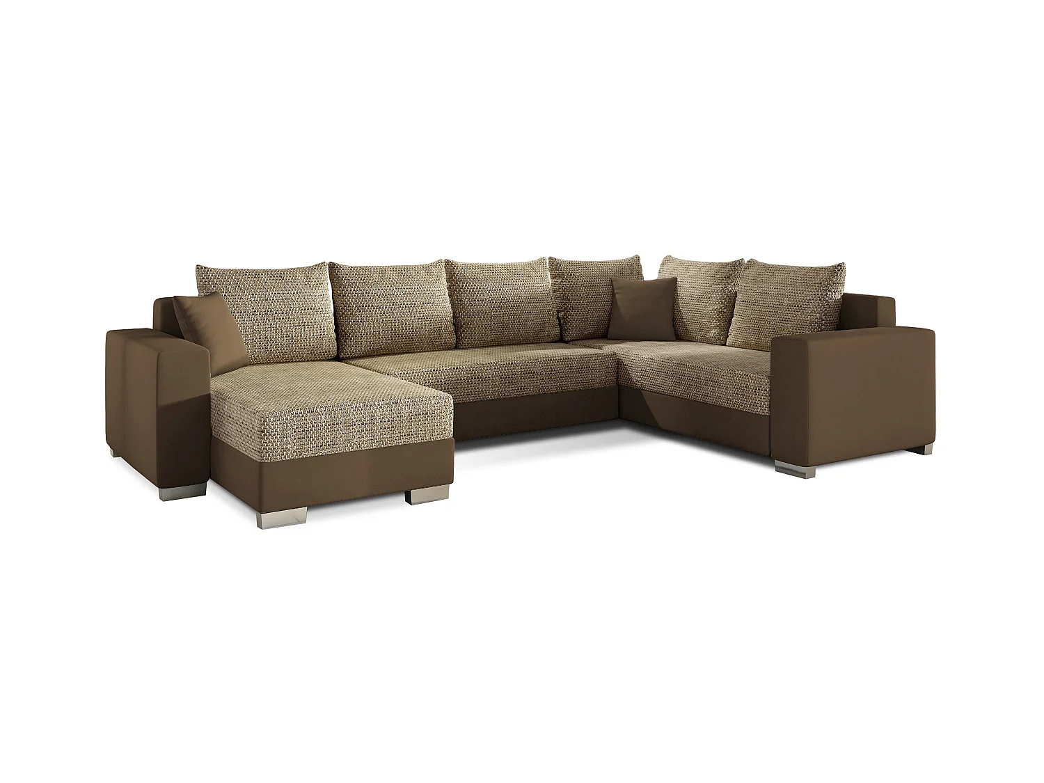 Canapé U convertible tissu beige chiné et simili marron clair coffre de rangement à gauche Marry 321cm