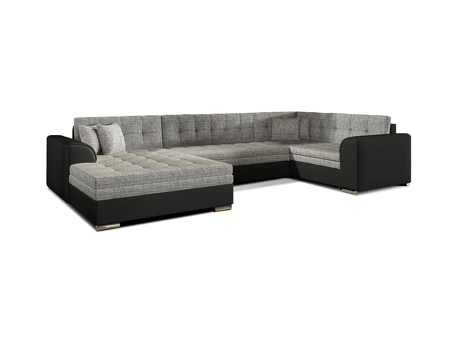 Canapé convertible panoramique tissu gris chiné et simili noir méridienne à gauche Diana 340cm