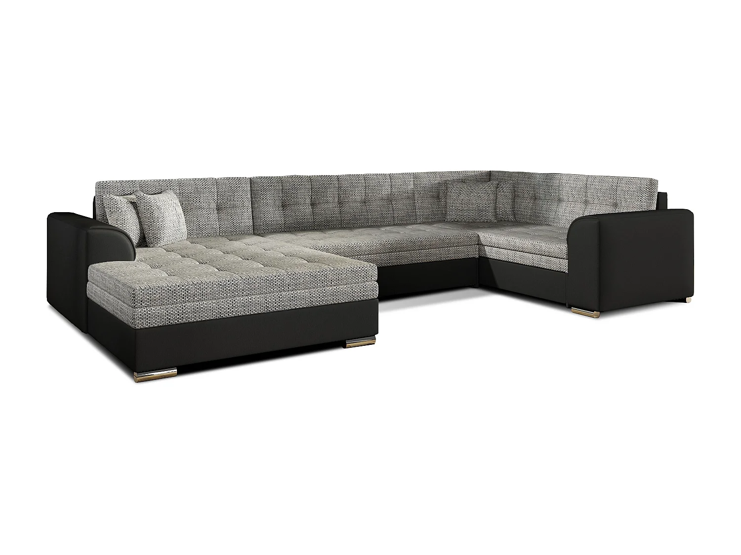 Canapé convertible panoramique tissu gris chiné et simili noir méridienne à gauche Diana 340cm