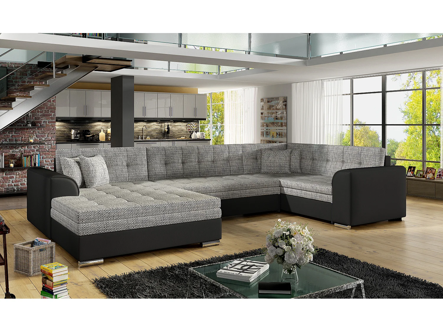 Canapé convertible panoramique tissu gris chiné et simili noir méridienne à gauche Diana 340cm