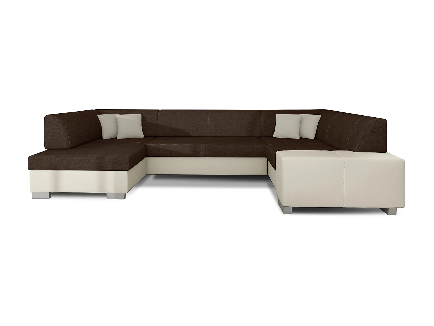 Canapé convertible panoramique bi matières tissu marron et simili cuir beige avec coffre de rangement Houston 320cm-Coffre de rangement à gauche