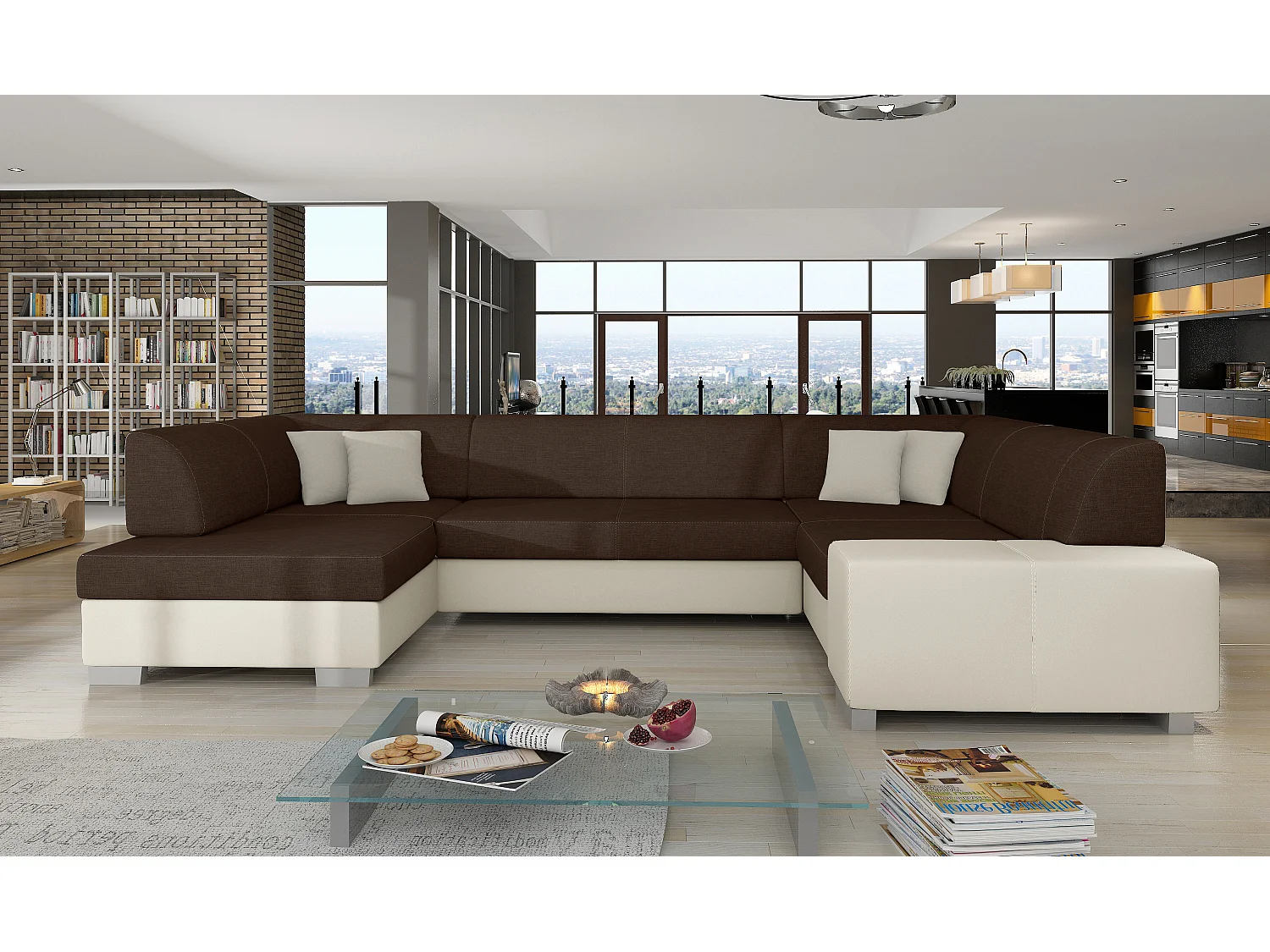 Canapé convertible panoramique bi matières tissu marron et simili cuir beige avec coffre de rangement Houston 320cm-Coffre de rangement à gauche