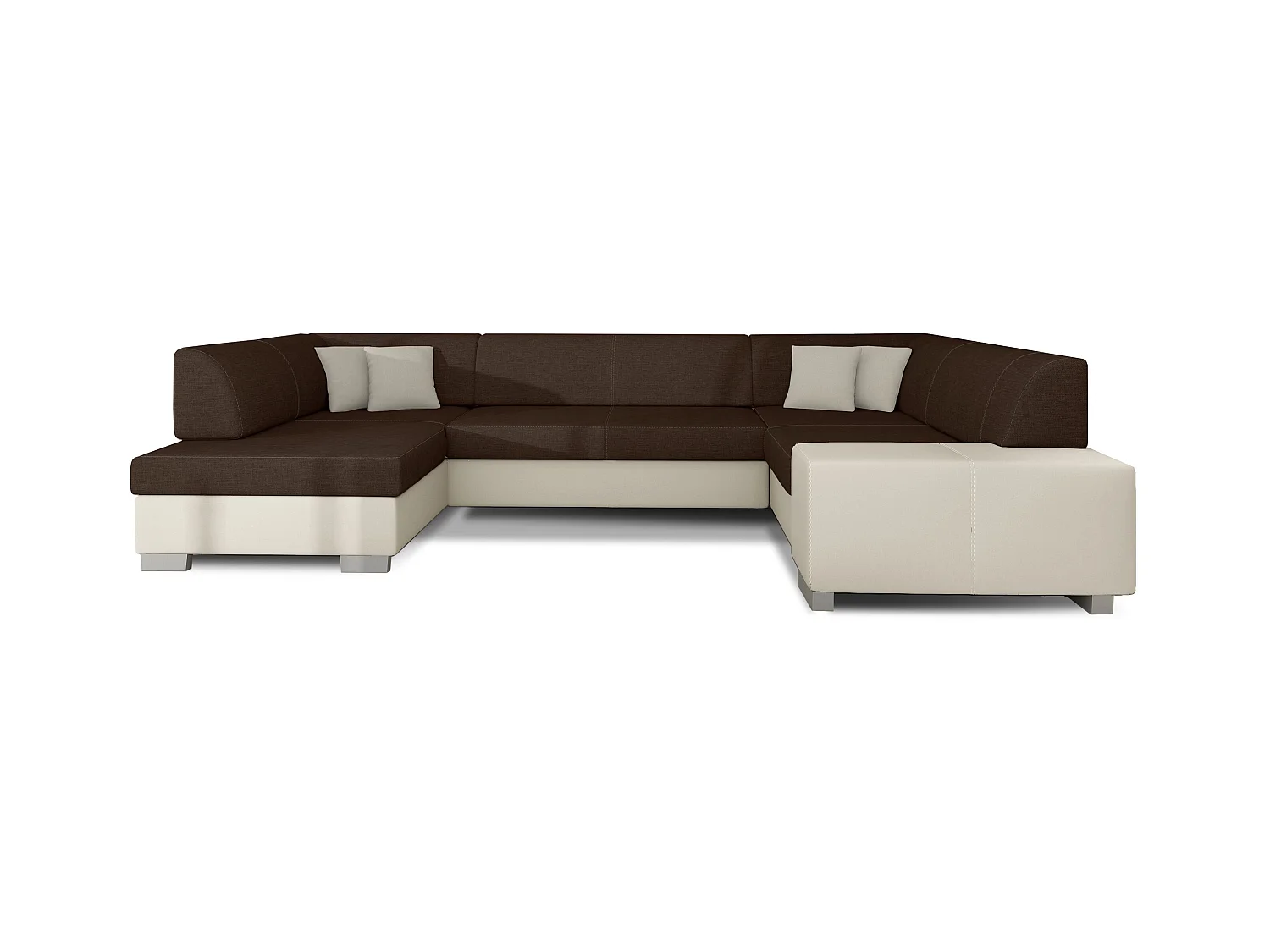 Canapé convertible panoramique bi matières tissu marron et simili cuir beige avec coffre de rangement Houston 320cm-Coffre de rangement à gauche