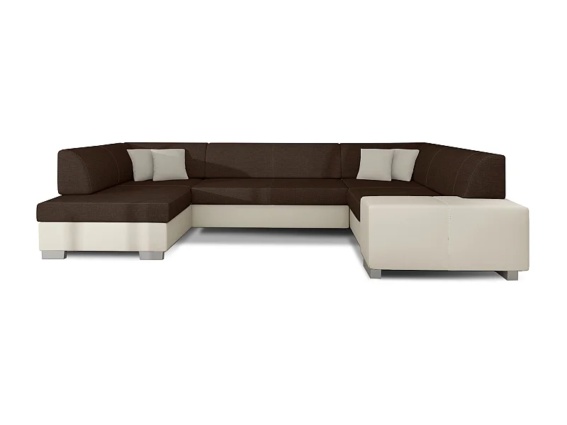 Canapé convertible panoramique bi matières tissu marron et simili cuir beige avec coffre de rangement Houston 320cm-Coffre de rangement à gauche