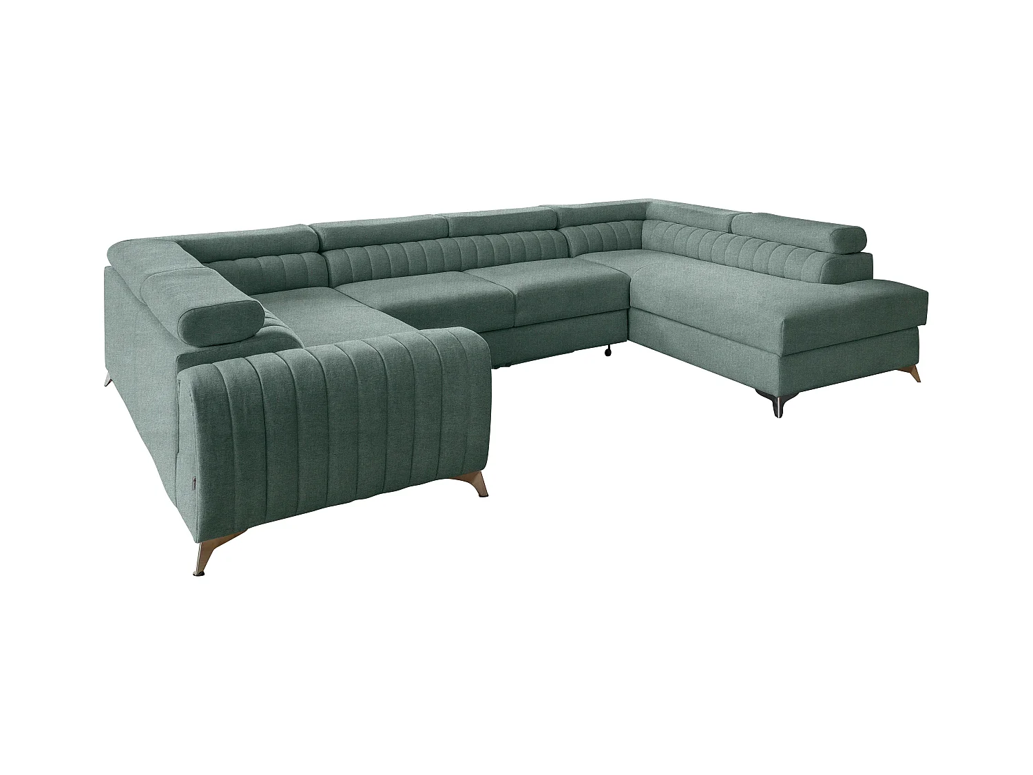 Canapé panoramique convertible tissu vert emeraude avec coffre de rangement Louve 340cm-Coffre de rangement à droite