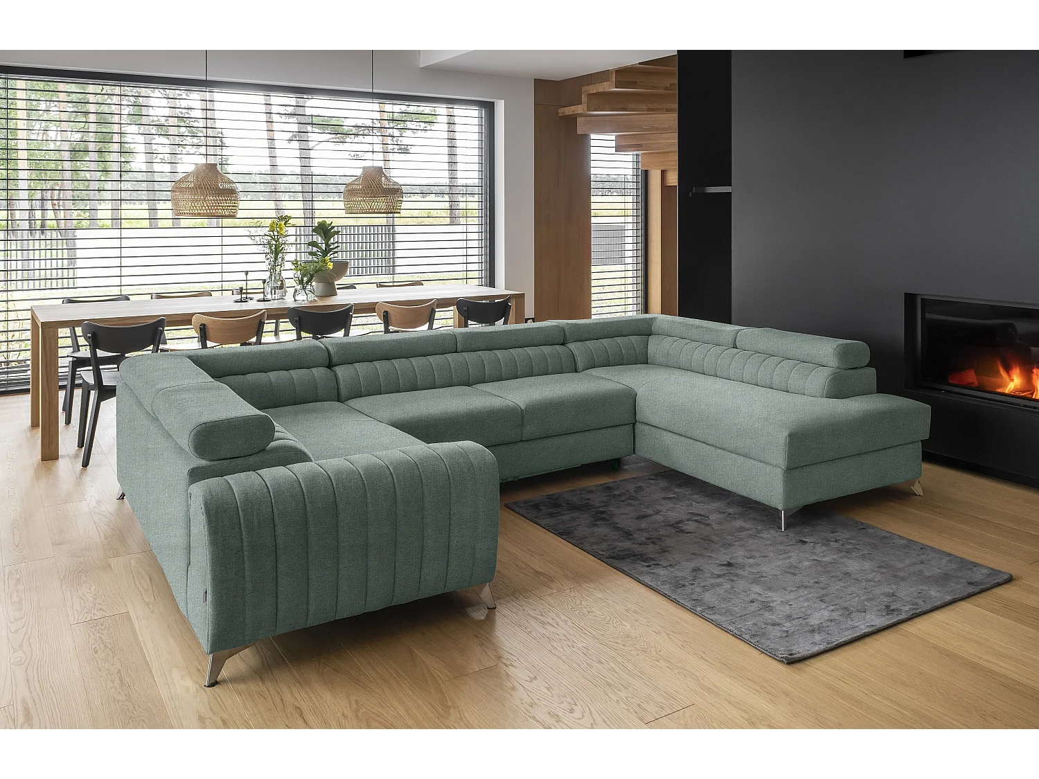 Canapé panoramique convertible LOUVE tissu - Rangement et têtières réglables-Vert emeraude-Coffre à droite