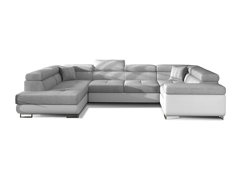 Canapé convertible U gauche tissu gris clair et simili blanc avec coffre de rangement Tovy 340cm