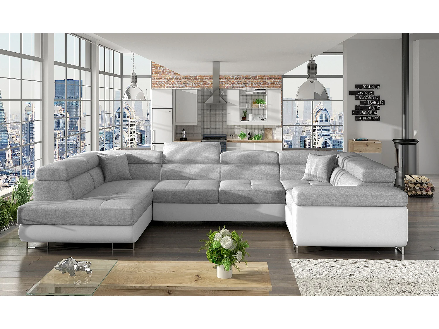 Canapé convertible U gauche tissu gris clair et simili blanc avec coffre de rangement Tovy 340cm