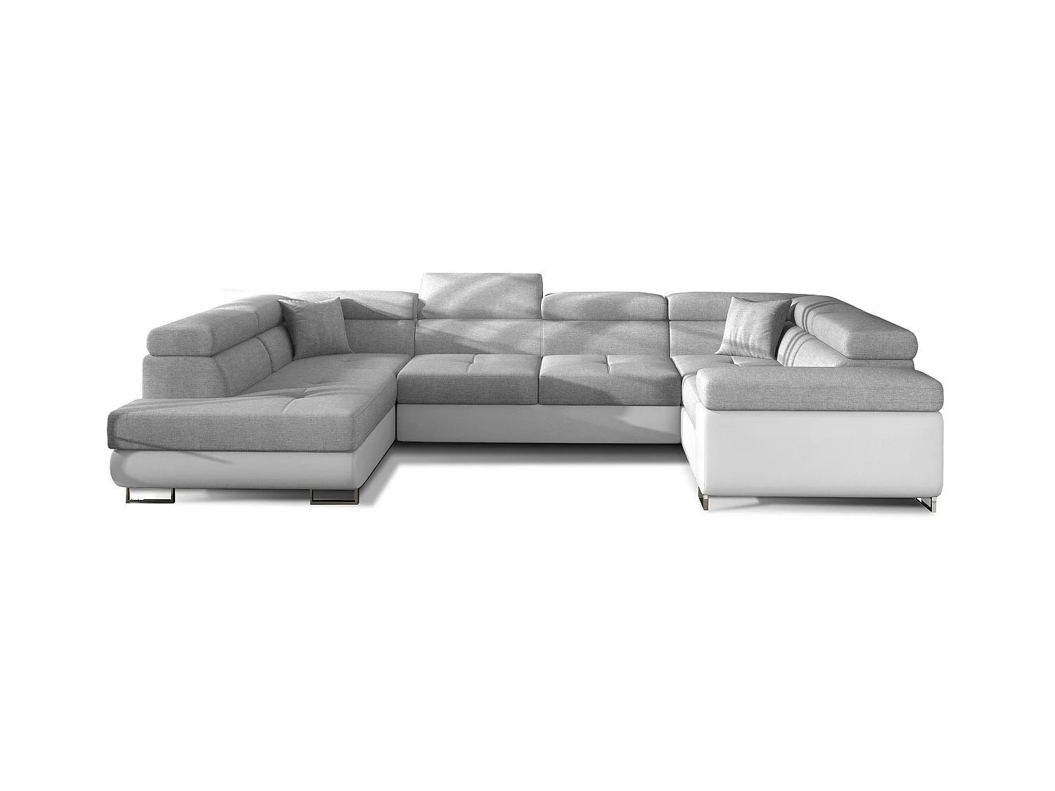 Canapé convertible U gauche tissu gris clair et simili blanc avec coffre de rangement Tovy 340cm