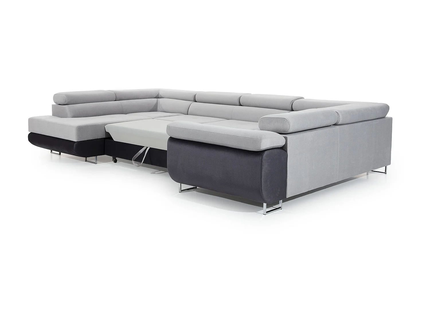 Canapé convertible U gauche tissu gris clair et simili blanc avec coffre de rangement Tovy 340cm