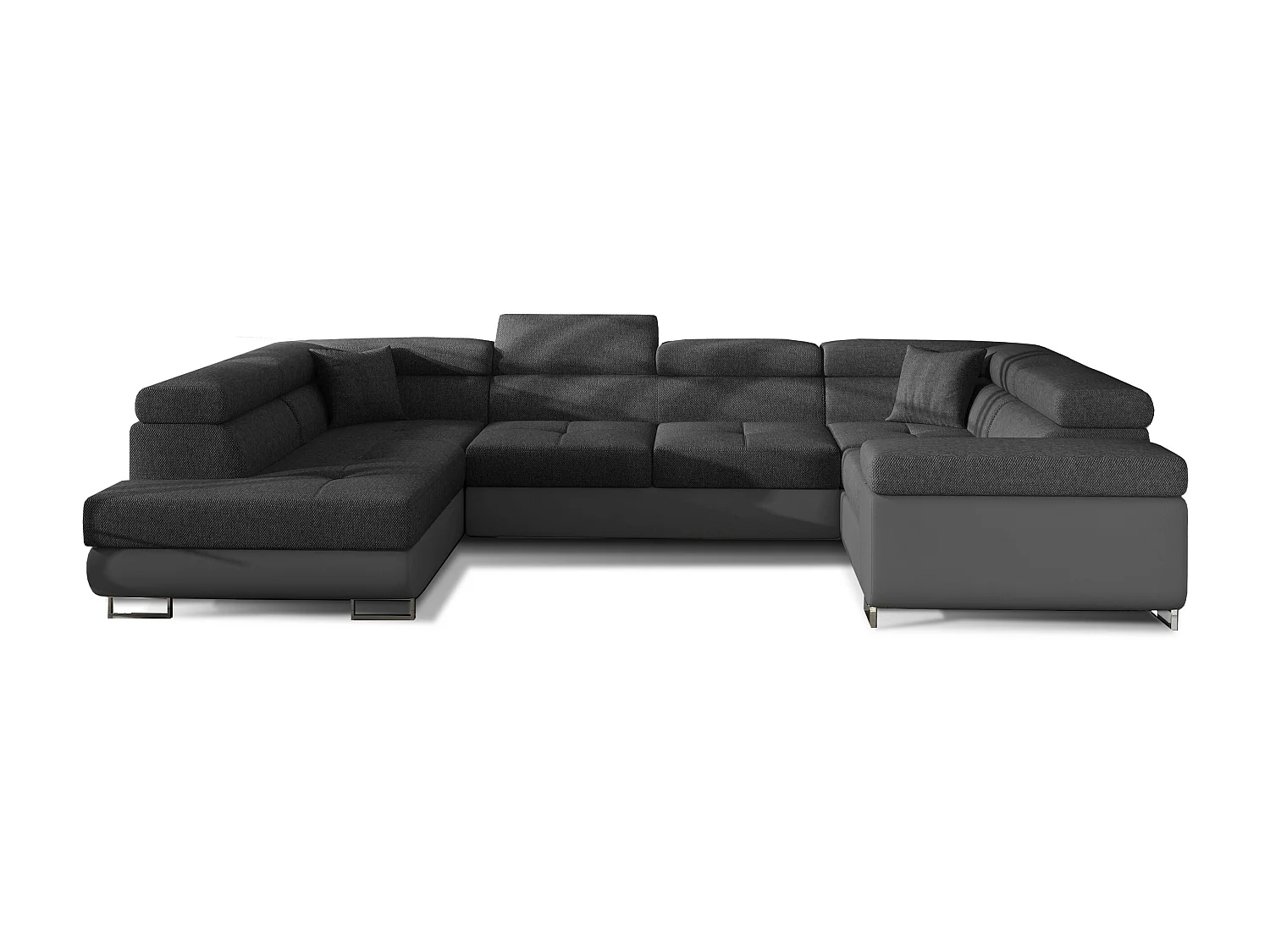 Canapé convertible U gauche tissu gris foncé et simili gris avec coffre de rangement Tovy 340cm