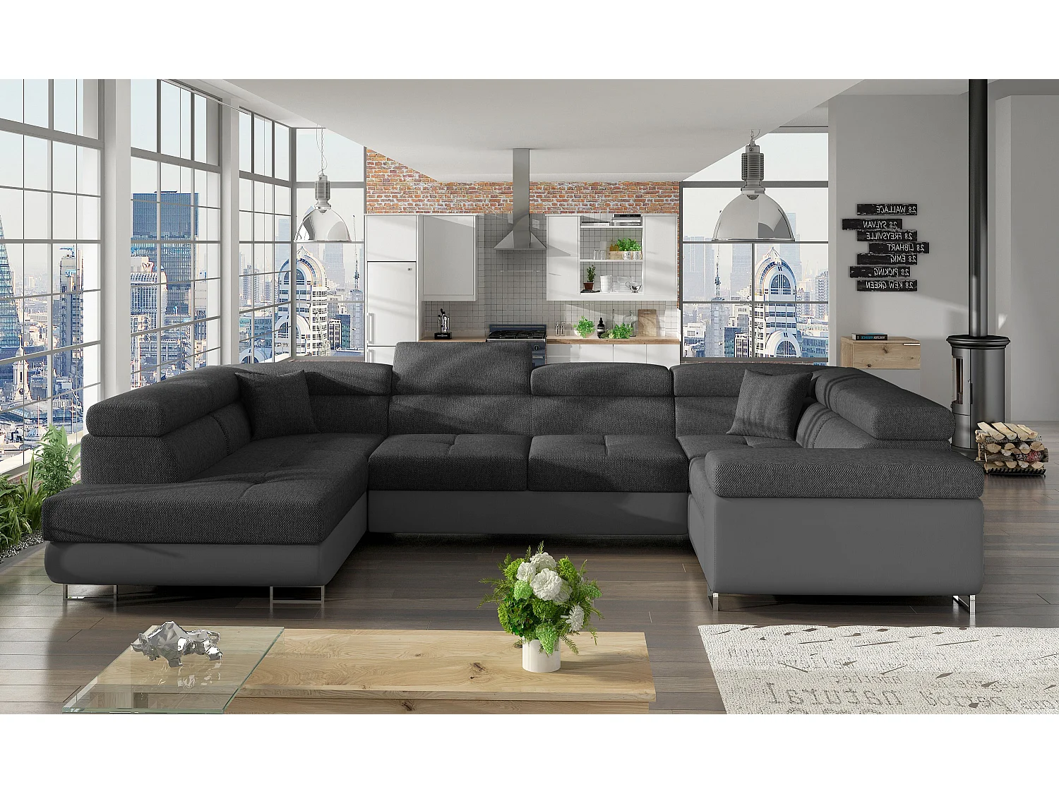 Canapé convertible U gauche tissu gris foncé et simili gris avec coffre de rangement Tovy 340cm