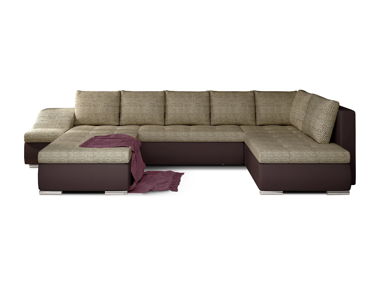Canapé panoramique convertible tissu beige clair chiné et simili cuir marron Jonaz 340cm-Méridienne A gauche
