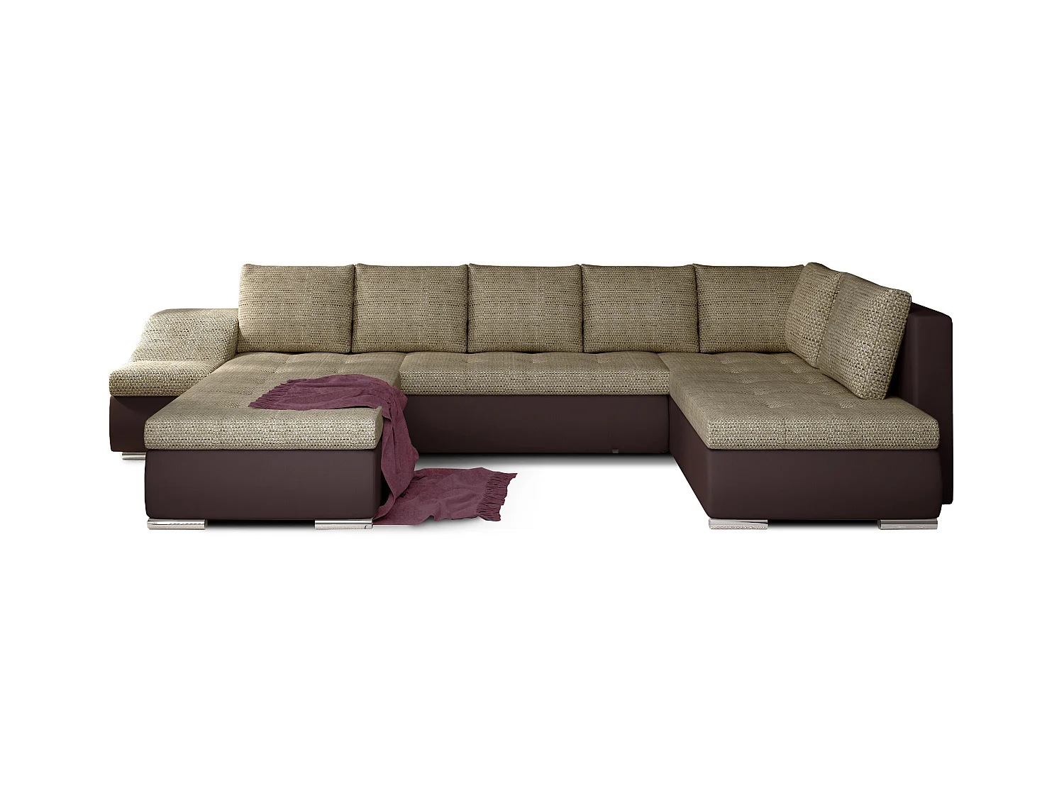 Canapé panoramique convertible tissu beige clair chiné et simili cuir marron Jonaz 340cm-Méridienne A gauche