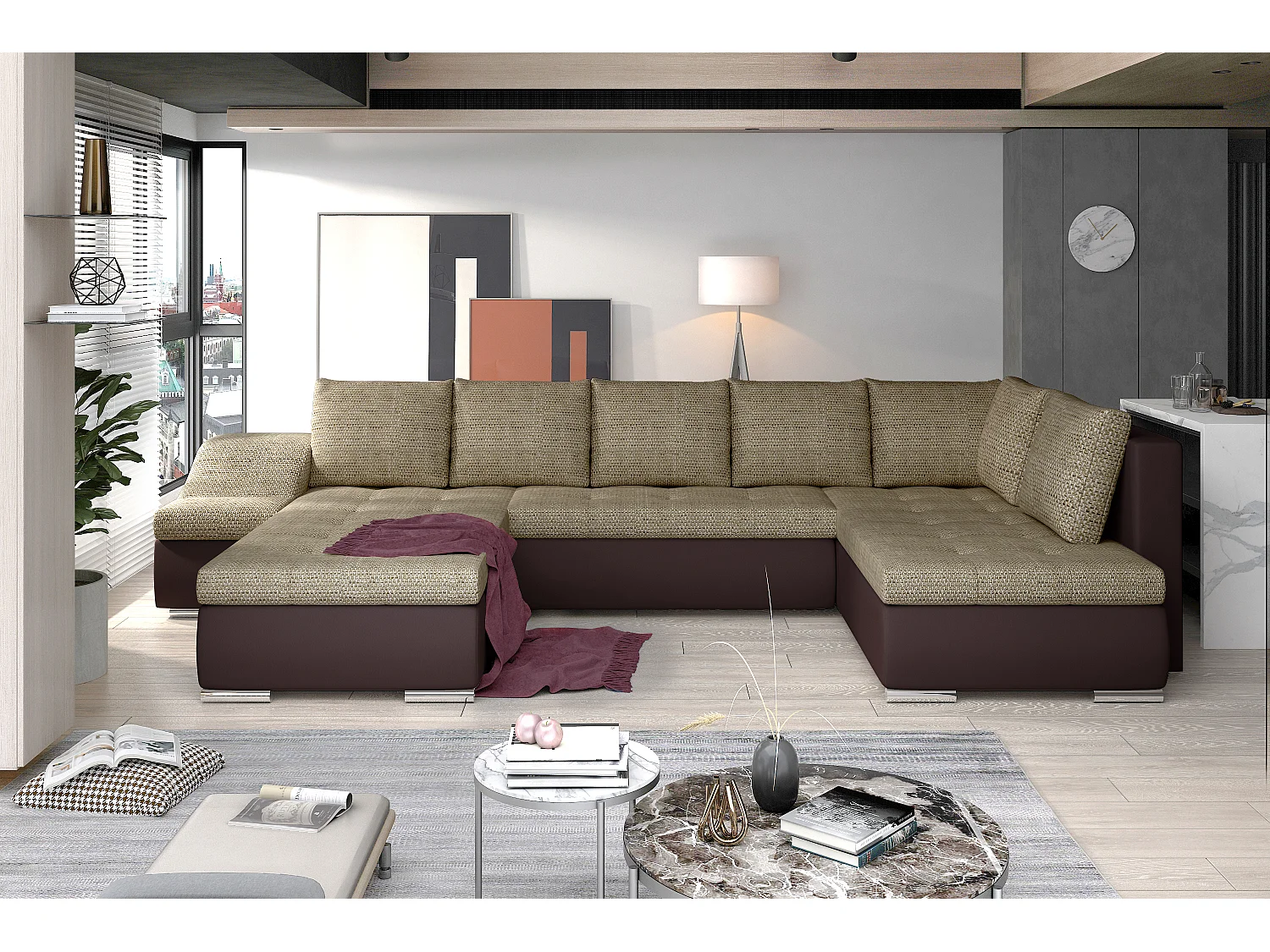 Canapé panoramique convertible tissu beige clair chiné et simili cuir marron Jonaz 340cm-Méridienne A gauche