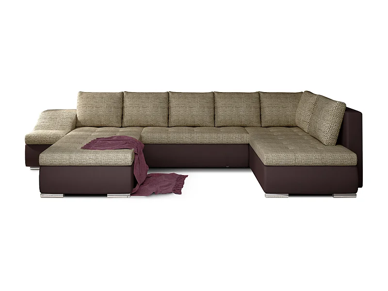 Canapé panoramique convertible tissu beige clair chiné et simili cuir marron Jonaz 340cm-Méridienne A gauche