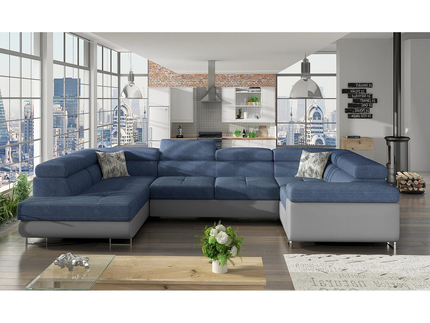 Canapé convertible U gauche tissu bleu et simili gris avec coffre de rangement Tovy 340cm