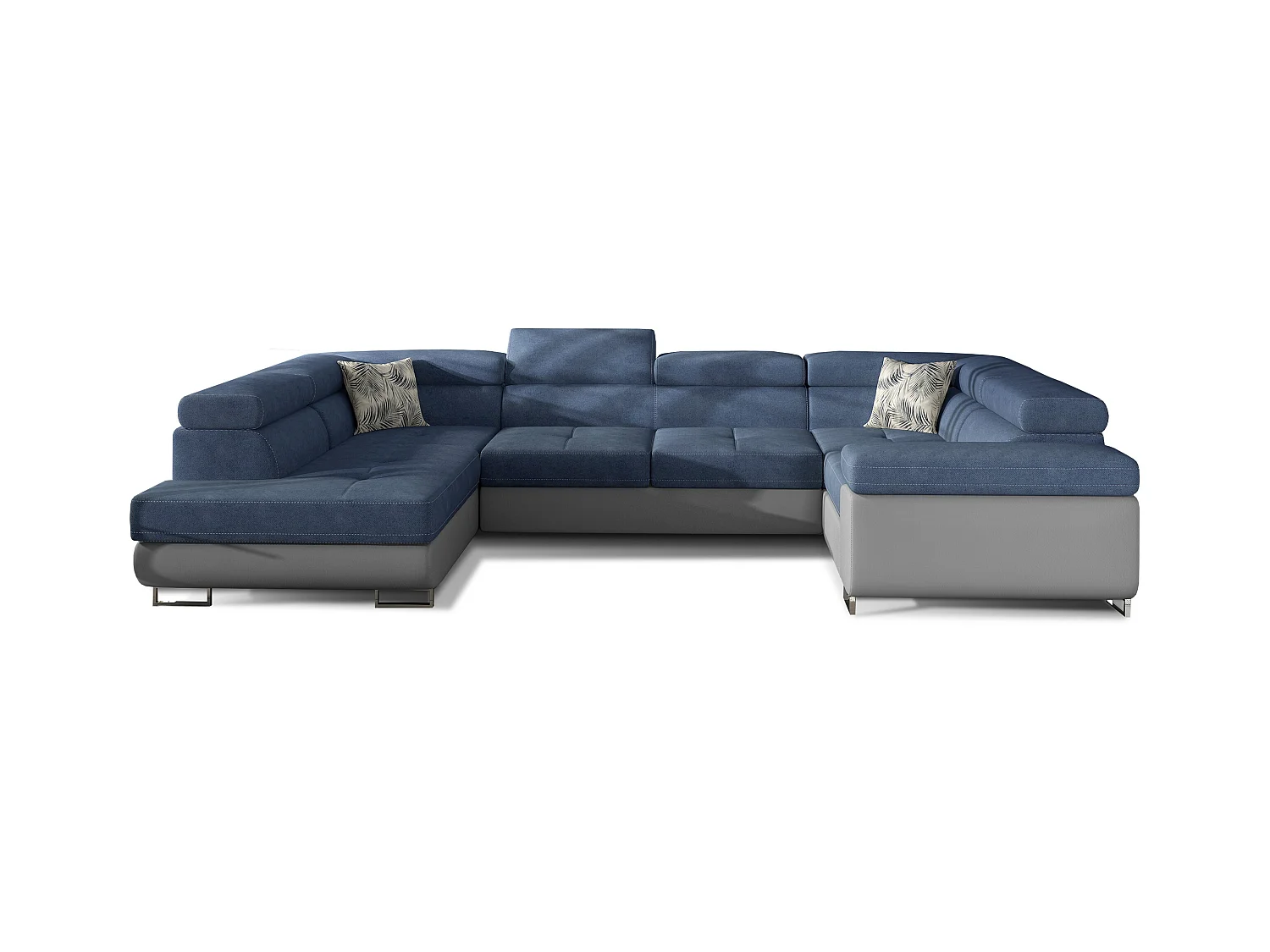 Canapé convertible U gauche tissu bleu et simili gris avec coffre de rangement Tovy 340cm