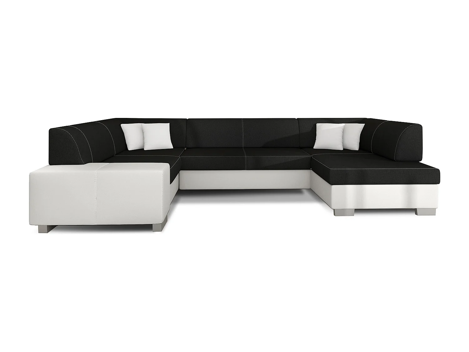 Canapé convertible panoramique bi matières tissu noir et simili cuir blanc avec coffre de rangement Houston 320cm-Coffre de rangement à droite