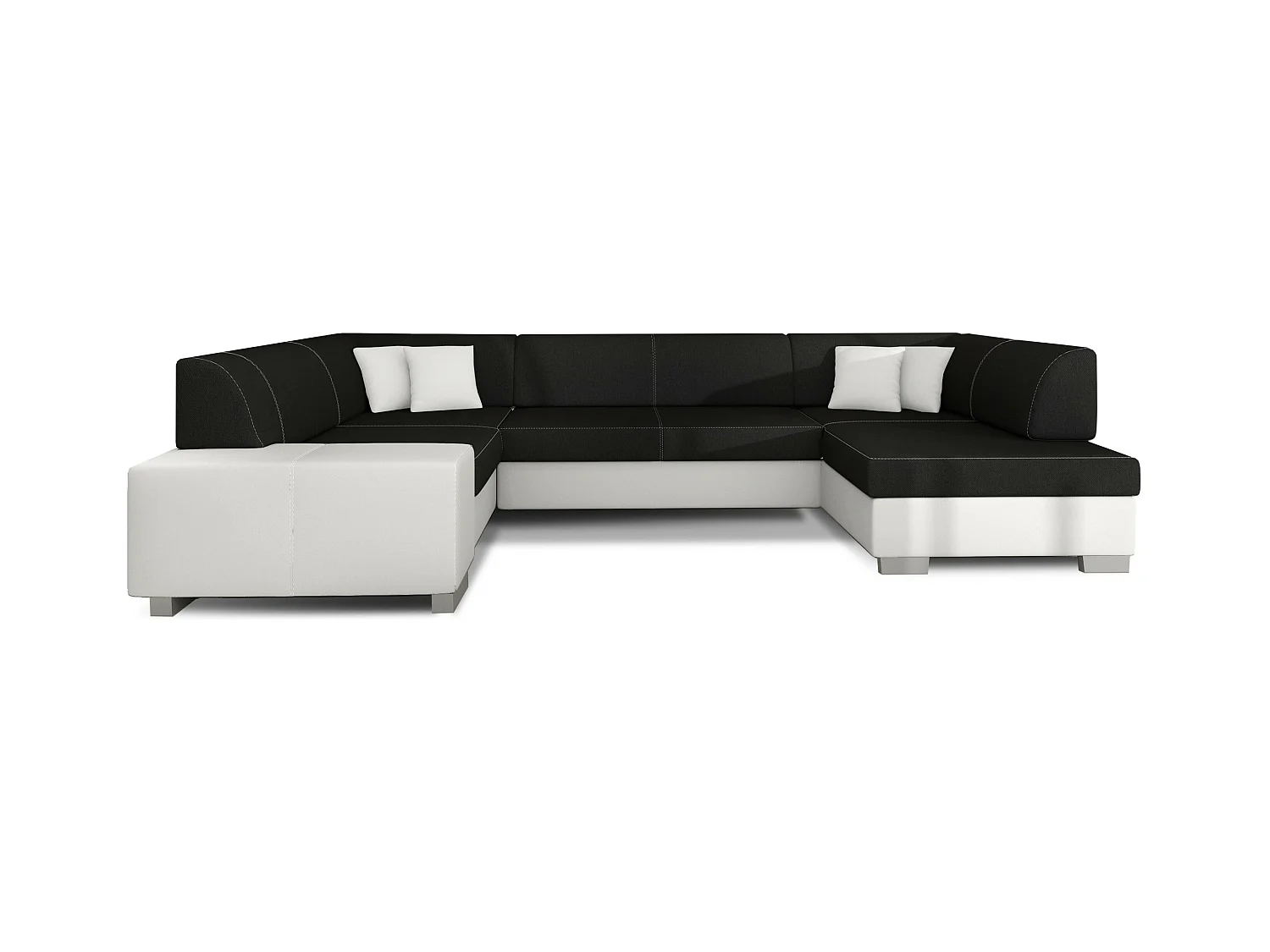 Canapé convertible panoramique bi matières tissu noir et simili cuir blanc avec coffre de rangement Houston 320cm-Coffre de rangement à droite