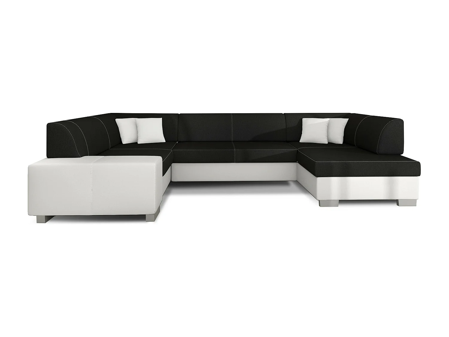 Canapé convertible panoramique bi matières tissu noir et simili cuir blanc avec coffre de rangement Houston 320cm-Coffre de rangement à droite