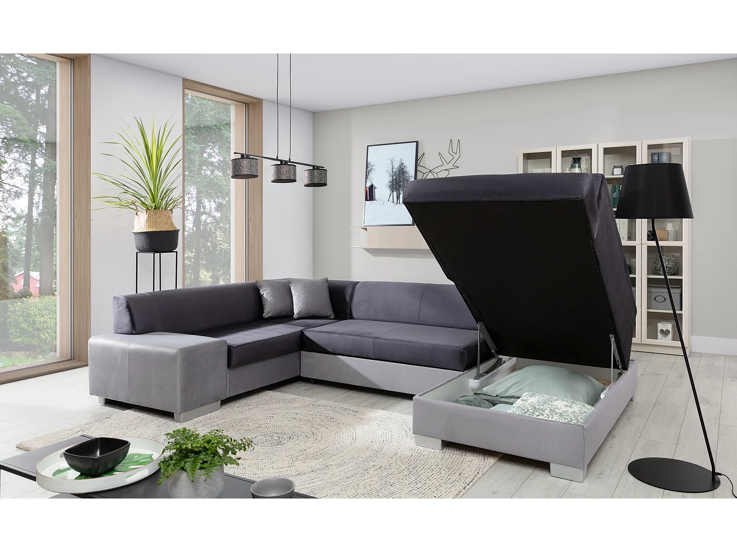 Canapé convertible panoramique bi matières tissu noir et simili cuir blanc avec coffre de rangement Houston 320cm-Coffre de rangement à droite