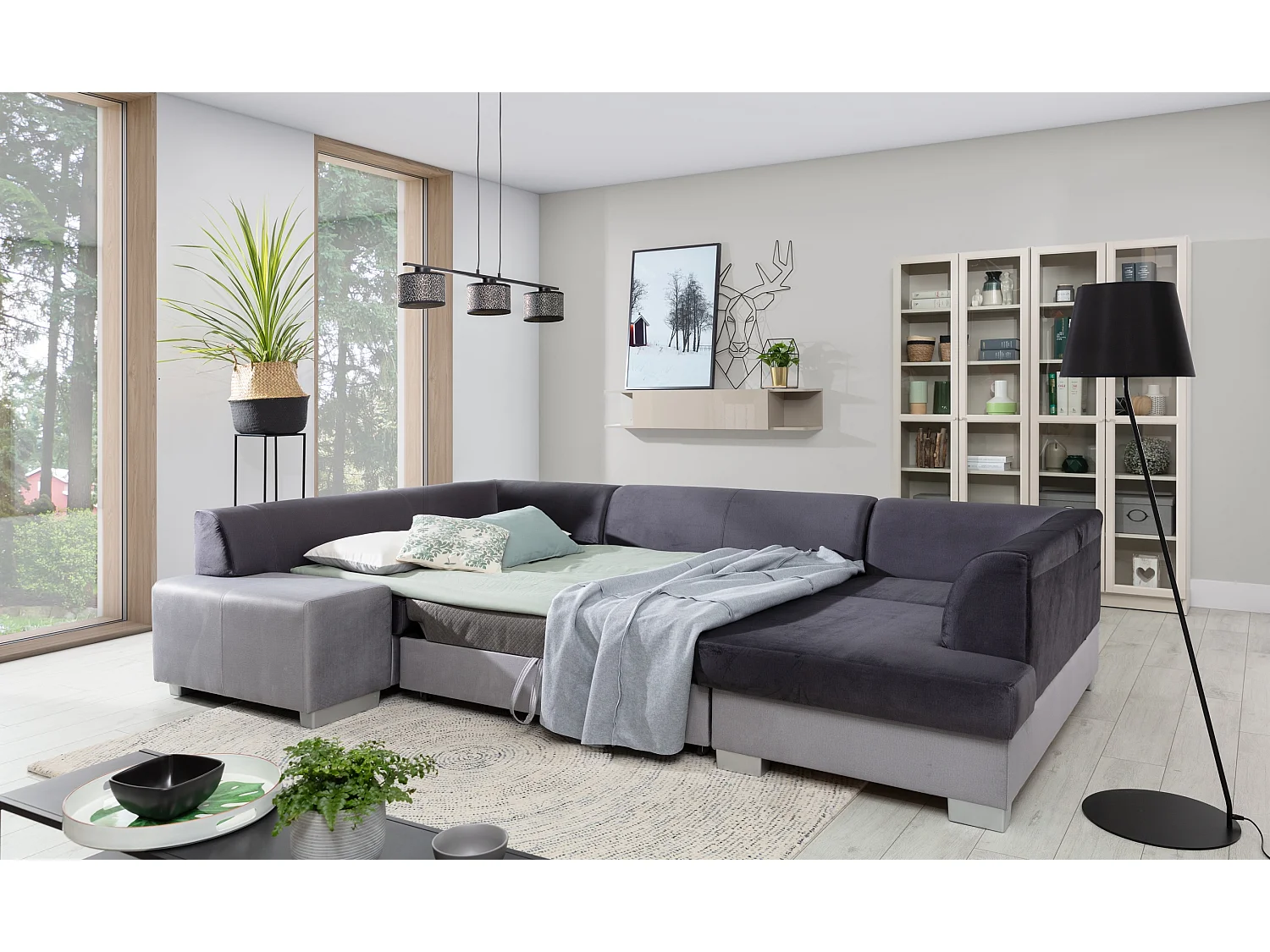 Canapé convertible panoramique bi matières tissu noir et simili cuir blanc avec coffre de rangement Houston 320cm-Coffre de rangement à droite