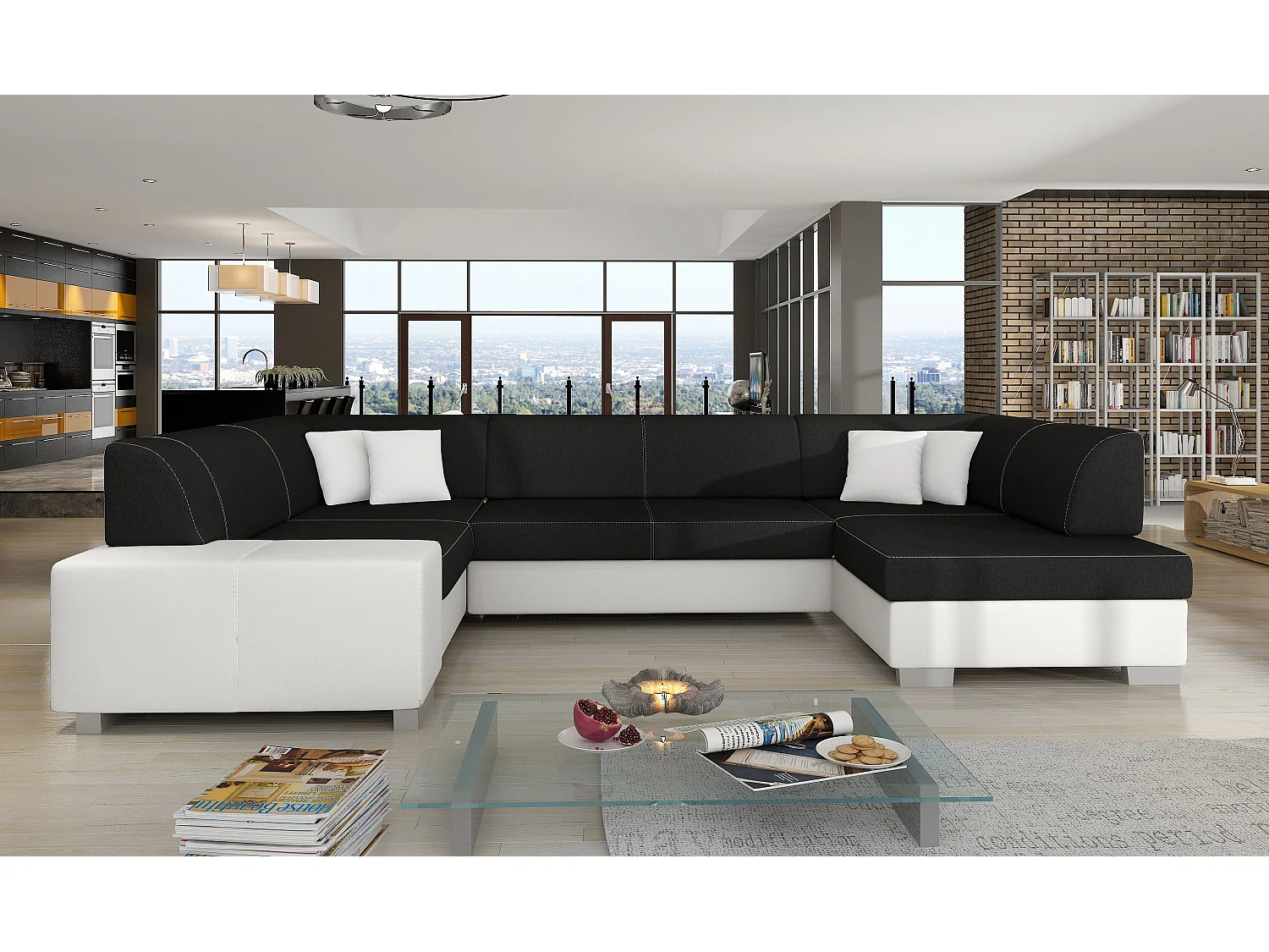 Canapé convertible panoramique bi matières tissu noir et simili cuir blanc avec coffre de rangement Houston 320cm-Coffre de rangement à droite